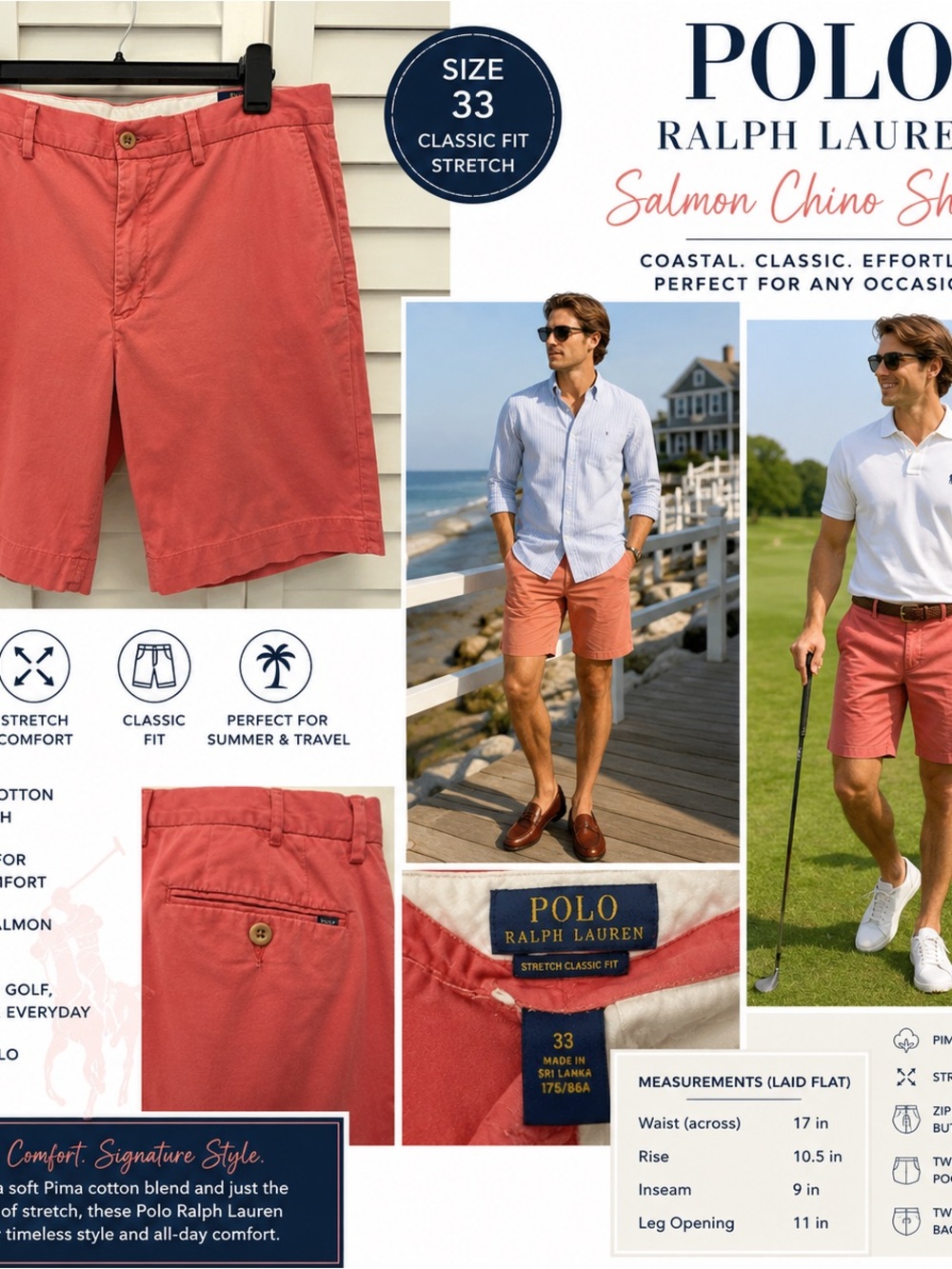 Polo Ralph Lauren Shorts 33 Salmon Pink Chino Stretch Classic Fit Coastal Cotton